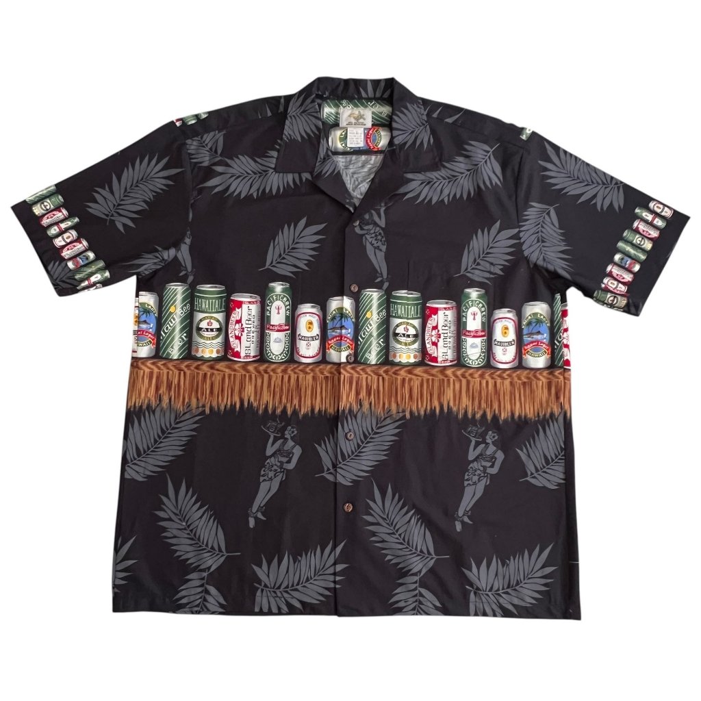 Vtg Ho Aloha Beer Cans Hawaiian Shirt Mens Xl Hula Girl Tiki Island Casual